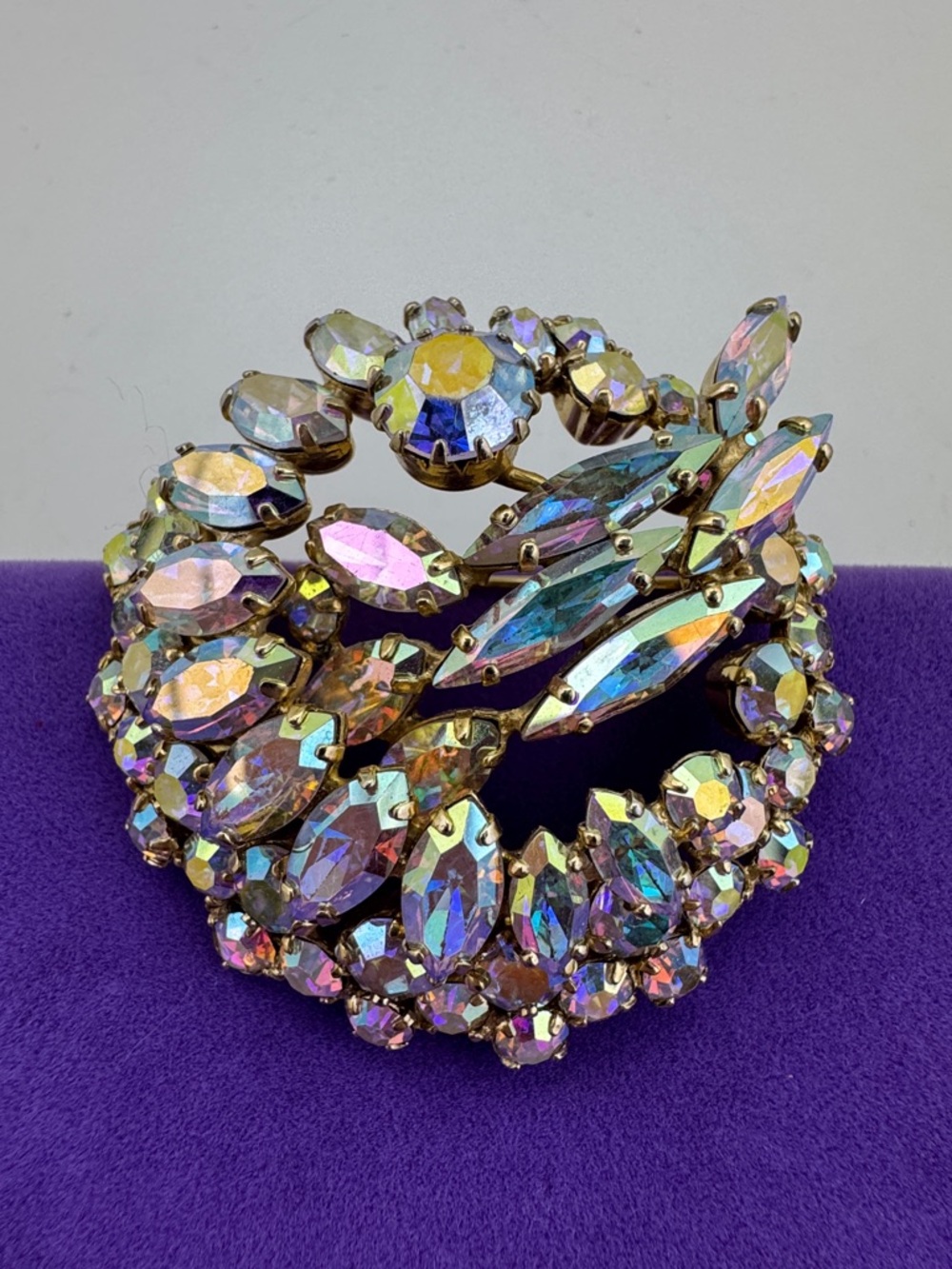 💛 Vintage Sherman Aurora Crystal Statement Brooch | Iridescent Designer